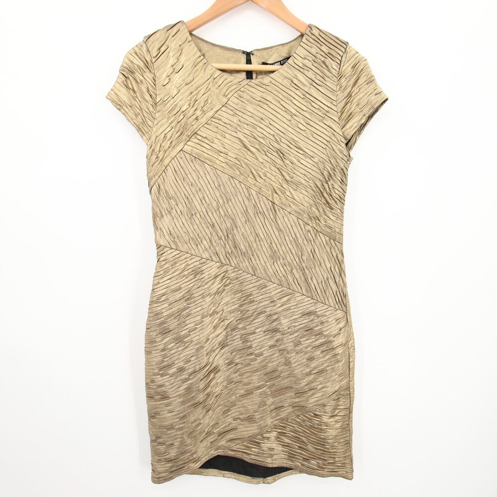 Gianni Bini Dress Gold Asymmetrical Textured Cap Sleeve Round Neck Bodycon Small